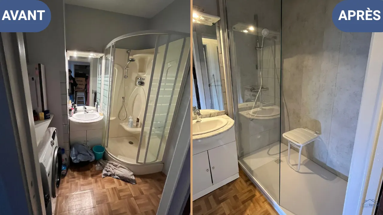 Avant/après à Beaufays : Cabine d'angle remplacé par douche avec siège
