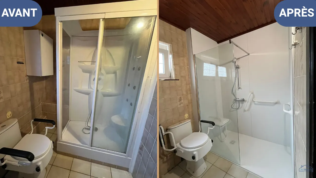 Avant/après à Beyne-Heusay : cabine de douche remplacée par une douche de plain-pied sécurisée