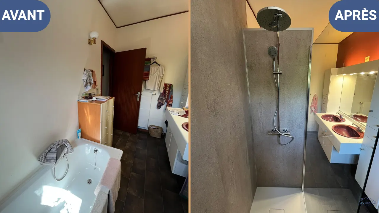 Avant/après à Embourg : baignoire remplacée par une grande douche à l'italienne