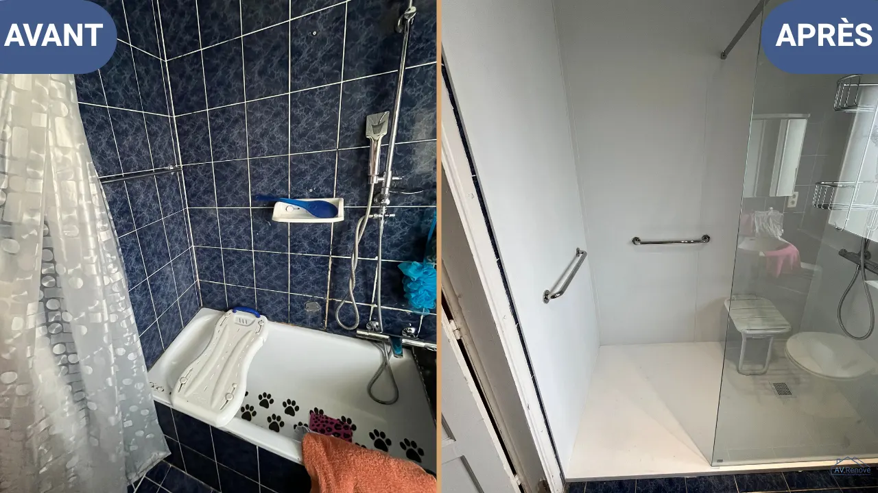 Avant/après à Grâce-Hollogne : baignoire remplacée par une douche blanche avec barres d'appui