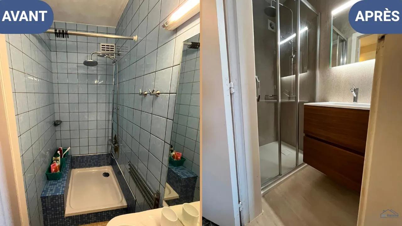 Avant/après à Grivegnée : Ancienne douche remplacé par douche vitrée + meuble