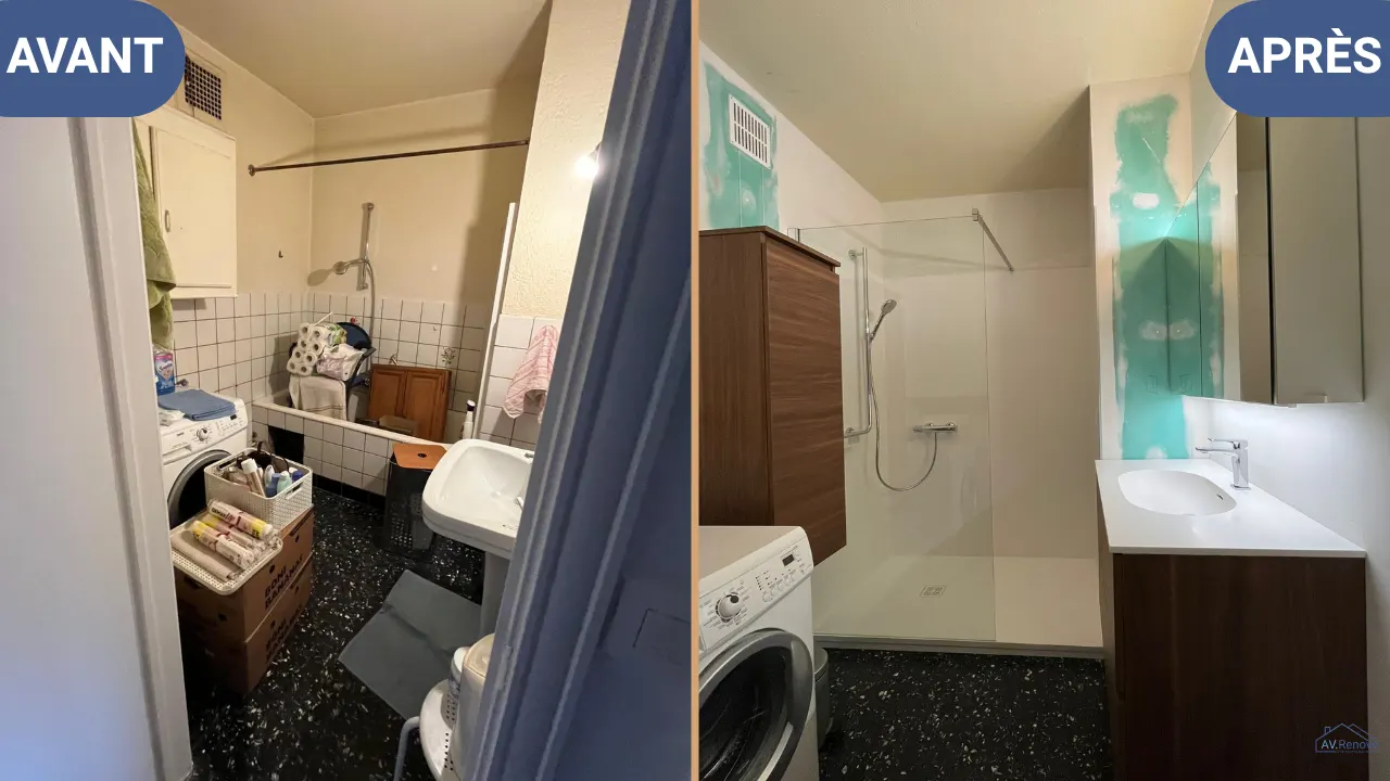 Avant/après à Liège : Baignoire remplacé par douche + meuble lavabo