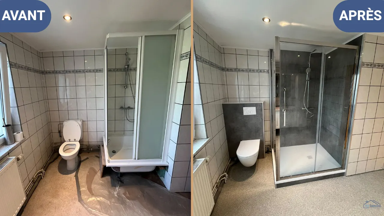 Avant/après à Romsée : Cabine remplacé par douche + WC suspendu