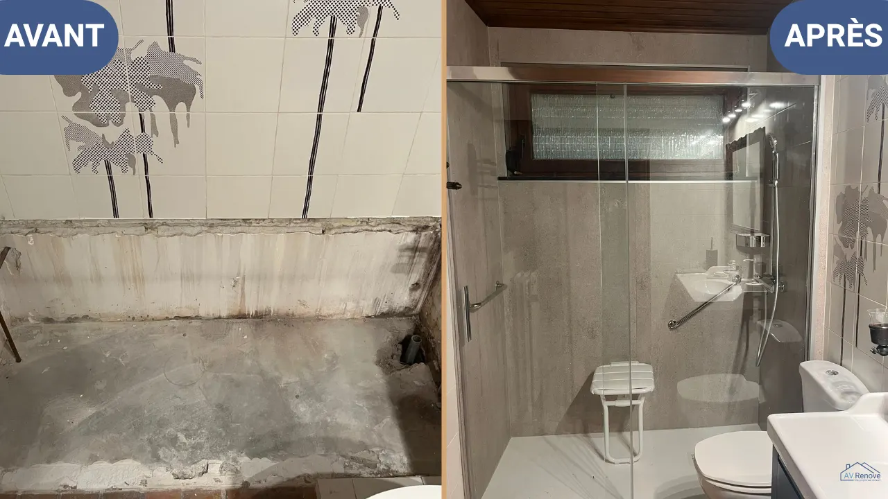 Avant/après à Seraing : baignoire démolie remplacée par une douche avec siège et barre d'appui