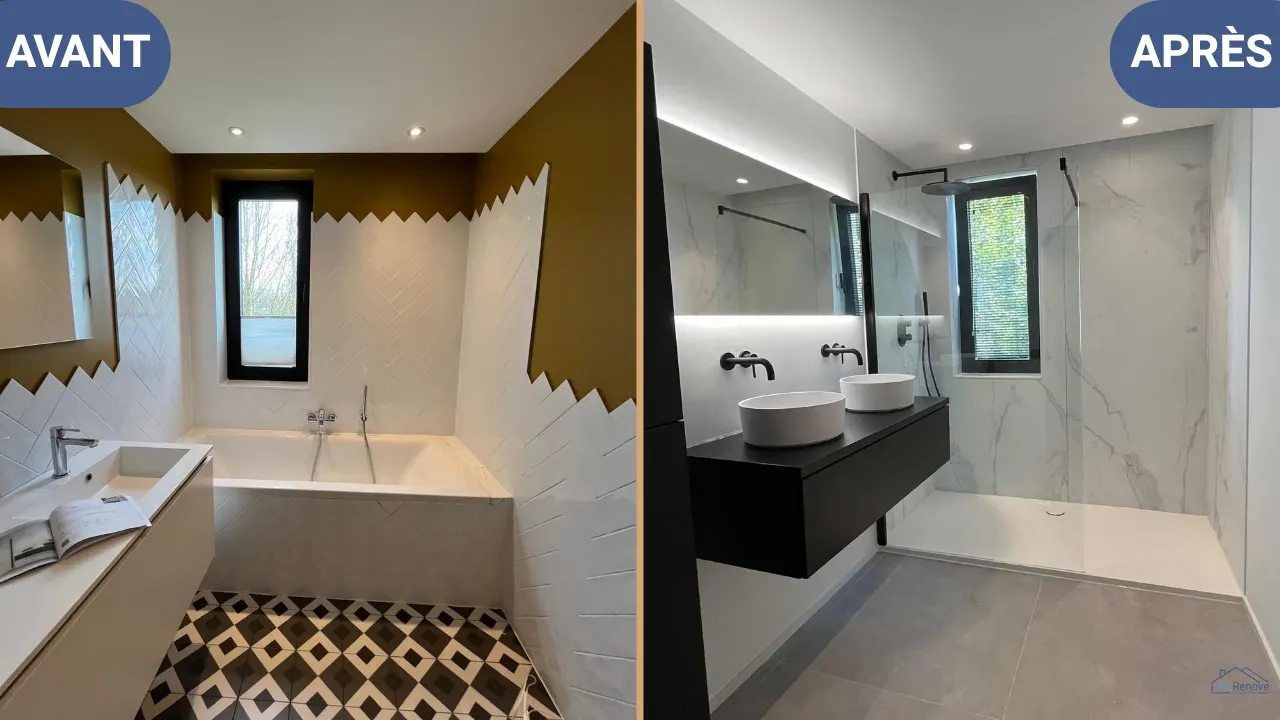 Avant/après à Tilff : rénovation complète de salle de bain, douche à l'italienne et double vasque
