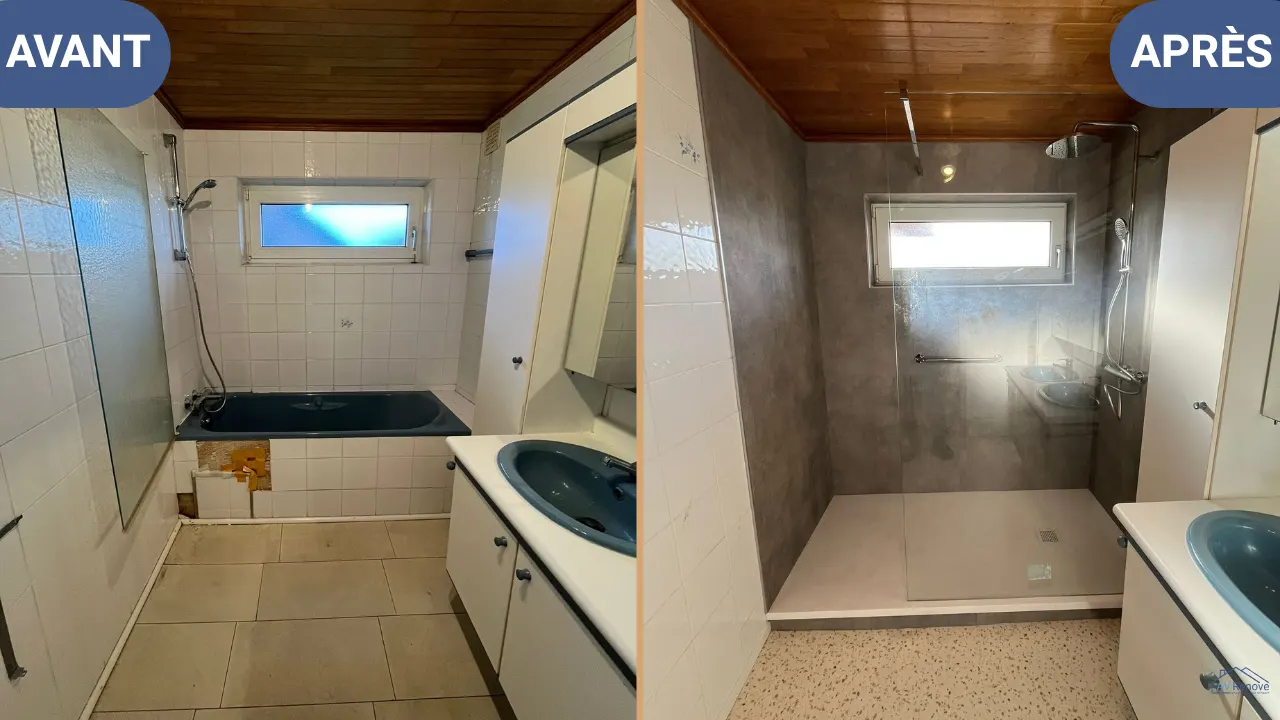 Avant/après à Xhendelesse : Baignoire remplacé par douche panneaux effet béton